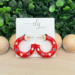 New Small Red Enamel Hoop Earrings w/ White and Blue Stars | Patriotic | USA